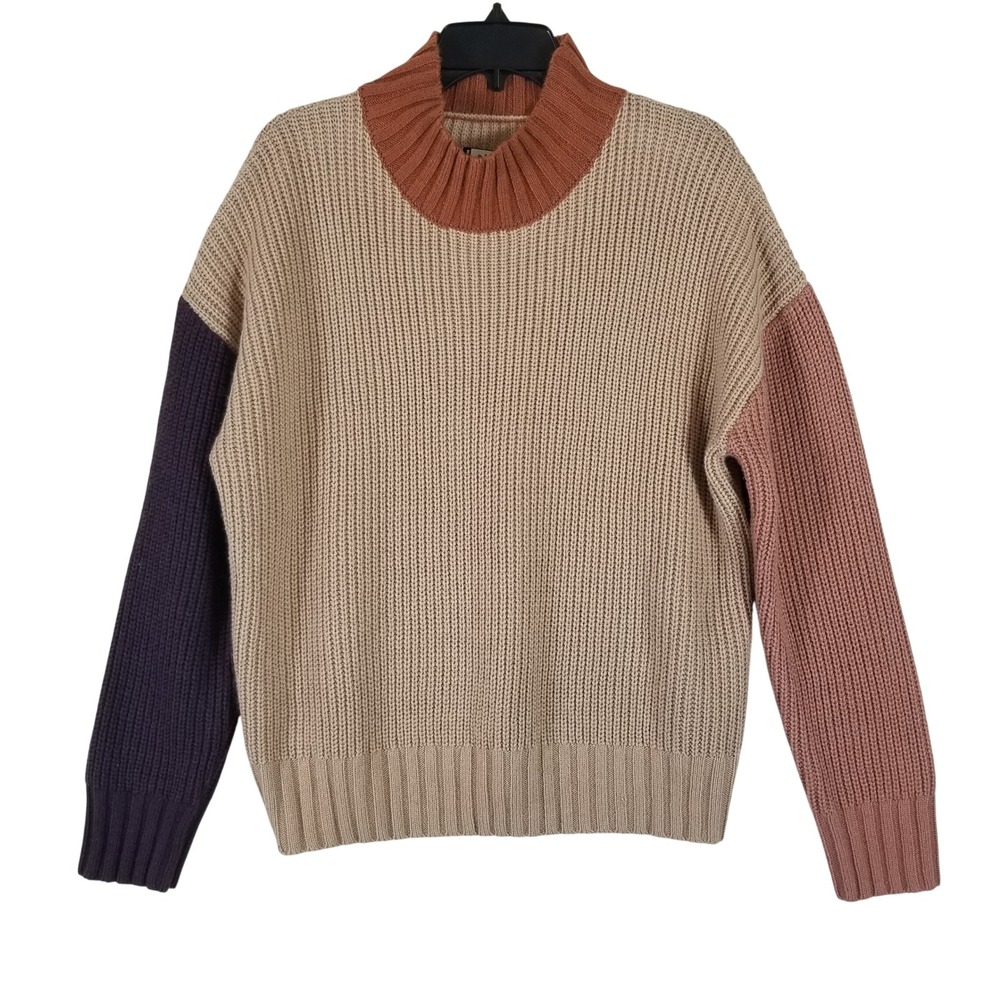 KAVU Sweater Women Large Multicolor Colorblock Mock Neck Wool Blend Ribbed Knit